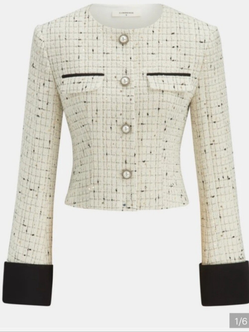Cream Tweed Button-Front Jacket with Black Trim